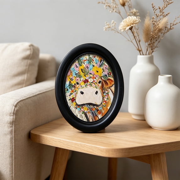 Oval Solid Wood Picture Frame, Whimsical Animal Art Print Tabletop Wall Decor Multi Design Option for Living Room Bedroom Home Decoration