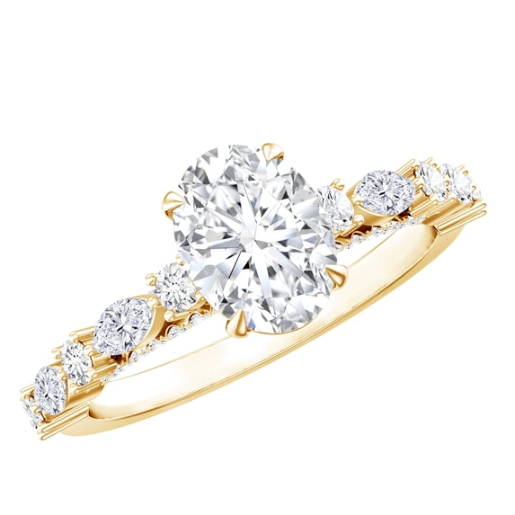 Rosec Jewels Handcrafted Moissanite Engagement Ring with Side Stones (1 Carat, 6X8mm Oval, D-VS1 Quality) - Ready to Gift with Jewelry Box, 10K Yellow Gold, US 8.50