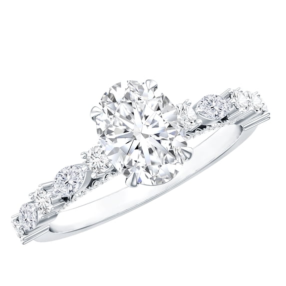Rosec Jewels Handcrafted Moissanite Engagement Ring with Side Stones (1 Carat, 6X8mm Oval, D-VS1 Quality) - Ready to Gift with Jewelry Box, 14K White Gold, US 10.00