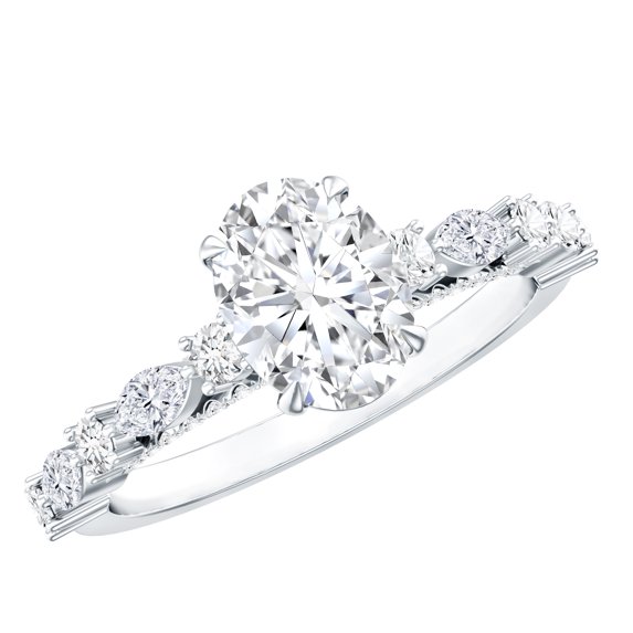 Rosec Jewels Handcrafted Moissanite Engagement Ring with Side Stones (1 Carat, 6X8mm Oval, D-VS1 Quality) - Ready to Gift with Jewelry Box, 14K White Gold, US 6.50