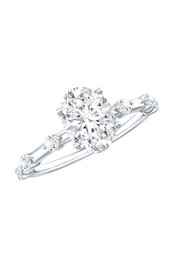 Oval Solitaire Moissanite Engagement Ring with Spaced Accent (6X8 mm, D-VS1 Grade), 925 Sterling Silver, US 4.00