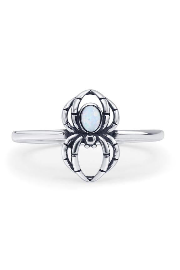 Oval Spider Oxidized Ring Lab Created White Opal 925 Sterling Silver Size 10