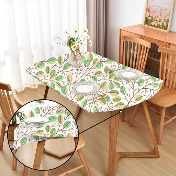 Oval Spring Green Leaves Fitted Tablecloth with Elastic 48x68 inch for Oval Tables Washable Stretchy Spandex Fabric Table Cover Cloth Not Vinyl Table Protector