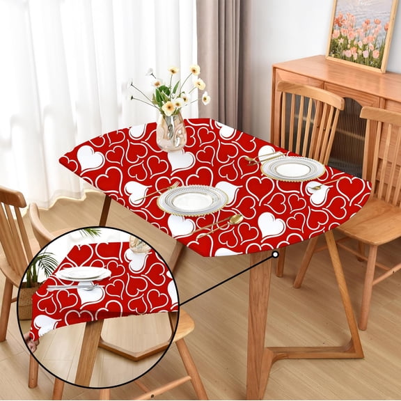 Oval Spring Red Heart Fitted Tablecloth with Elastic 48x68 inch for Oval Tables Washable Stretchy Spandex Fabric Valentine Table Cover Cloth Not Vinyl Table Protector