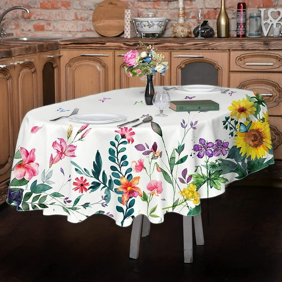 Oval Spring Summer Tablecloth 60 x 120 inches, Spring Floral Watercolor Table Cloth, Waterproof Wrinkle Resistant Tablecloth, Spring Summer Decoration for Holiday Kitchen Dining Room