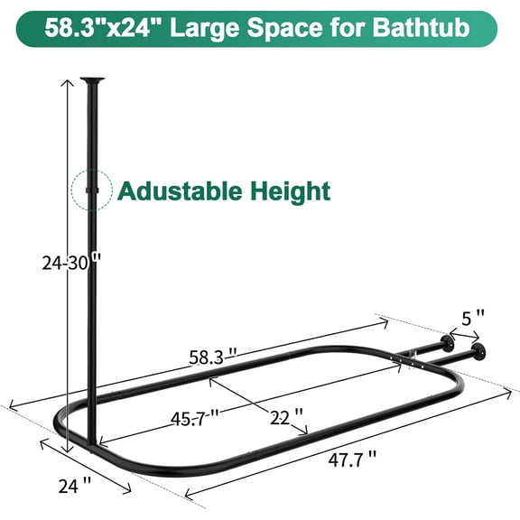 Oval & Square Shower Curtain Rod 58.3" x 24" – Black Heavy Duty Hoop, Rust-Free, For Clawfoot and Free-Standing Tubs, Bathroom Curtain Rod