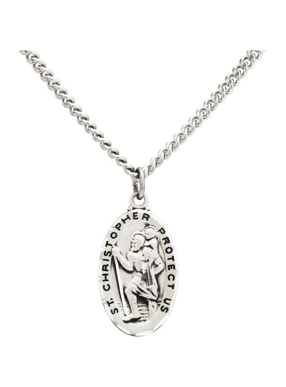 Oval St. Christopher Medal Sterling Silver Pendant Necklace, 24" Chain