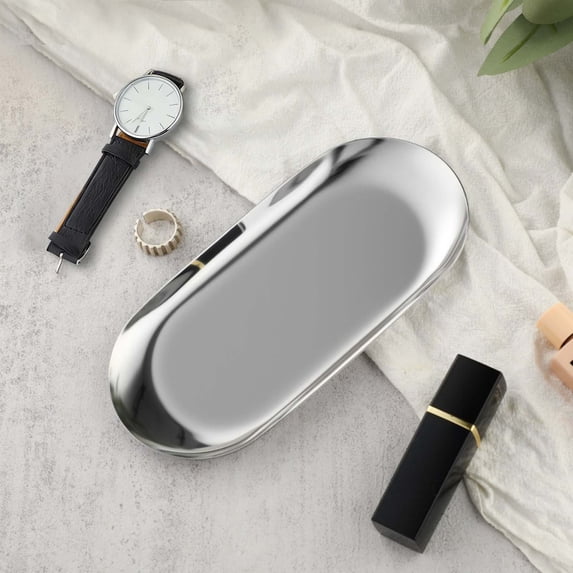 Oval Stainless Serving Tray Silver 18X8.5Cm Xmas sales, Decorative Jewelry Dish for Perfume Cosmetics, Small Trinket Tray for Bedroom Bathroom Coffee Table