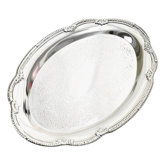 Oval Stainless Steel Platter, Embossed Decorative Platter For Dessert & Appetizers, Wedding Table Decor Tray, 9.65×6.89 Inch Silver Oval Metal Serving Tray Corrosion-Resistant Surface, 1Pc