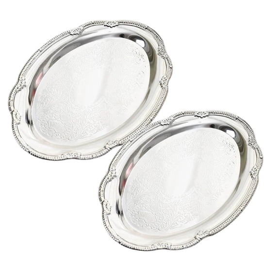 Oval Stainless Steel Platter, Embossed Decorative Platter For Dessert & Appetizers, Wedding Table Decor Tray, 9.65×6.89 Inch Silver Oval Metal Serving Tray Corrosion-Resistant Surface, 2Pcs