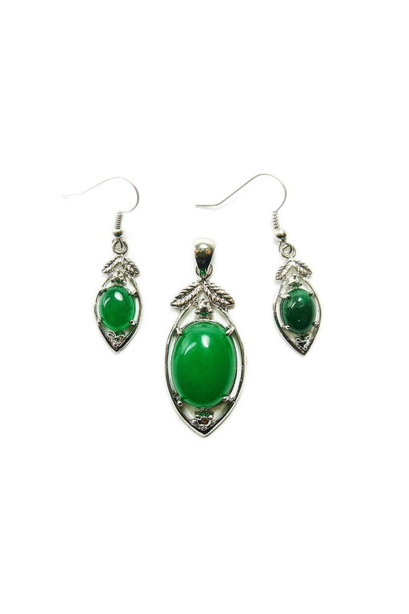 Oval Stones Green Malaysian Jade Pendant And Earrings Set ForJewelry Making