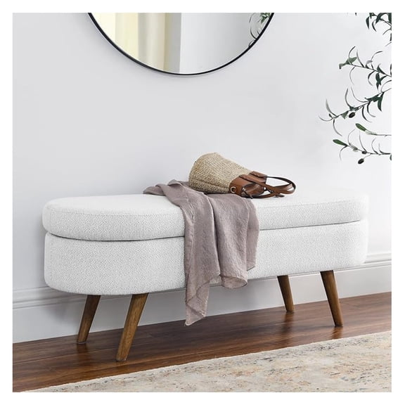Oval Storage ,43.5" Linen Fabric Upholstered Ottoman Storage es for Bedroom End of Bed,Entryway with Rubber Wood Legs Storage Ottoman for Living Room/Bedroom/End of Bed/Entryway,White