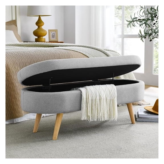 Oval Storage ,43.5" Linen Fabric Upholstered Ottoman Storage es for Bedroom End of Bed,Entryway with Rubber Wood Legs Storage Ottoman for Living Room/Bedroom/End of Bed/Entryway,Grey