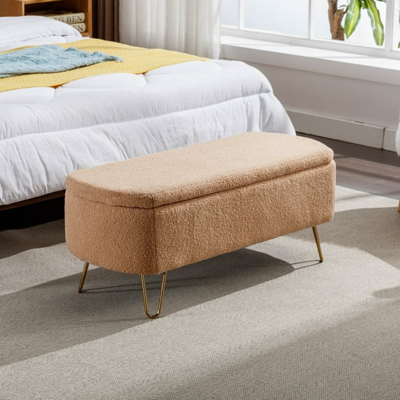 Oval Storage Bench 38.79" Modern Faux Fur Fabric Upholstered Entryway Bench with Gold Metal Legs Ottoman Bench Indoor Storage Bench for Living Room, Bedroom, End of Bed, Entryway, Bed Side, Camel
