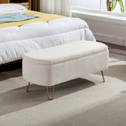 Oval Storage Bench 38.79" Modern Faux Fur Fabric Upholstered Entryway Bench with Gold Metal Legs Ottoman Bench Indoor Storage Bench for Living Room, Bedroom, End of Bed, Entryway, Bed Side, Ivory