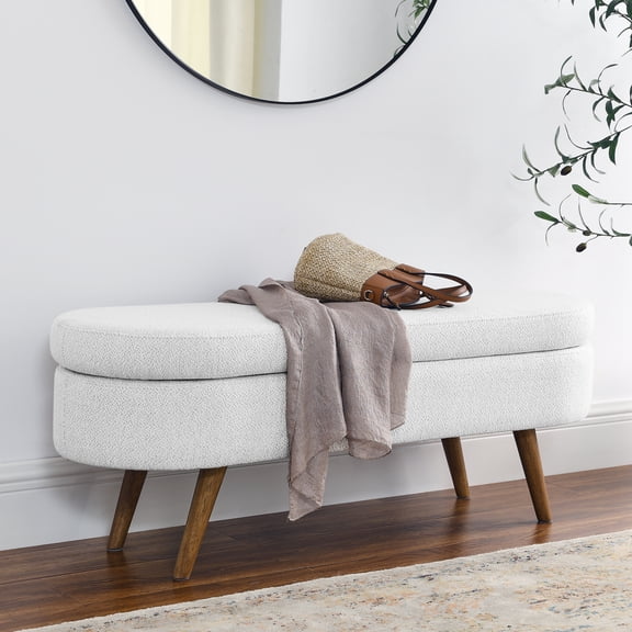 Oval Storage Bench, 43.5 Inches Linen Upholstered Entryway Bench with Solid Wood Legs & Safety Hinge Flip Top, End of Bed Bench for Bedroom, Living Room, Entryway, 250 lbs Load, White