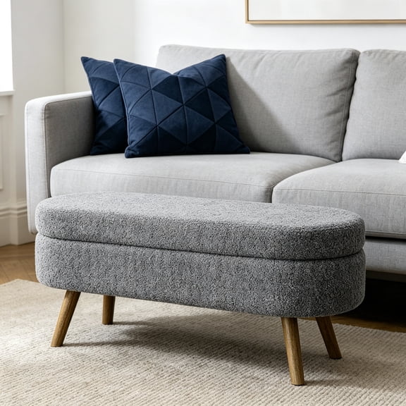 Oval Storage Bench for Bedroom, 43.5" Loop Yarns End of Bed Bench with Storage, Modern Upholstered Entryway Bench with Wood Legs, Foot Rest Long Stool for Living Room, Grey
