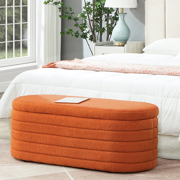 Oval Storage Bench In Orange - Adds A Chic Element To Your Living Room With Hidden Compartment For Bedroom &