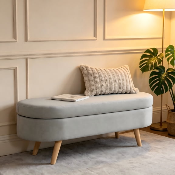 Oval Storage Bench, Linen Fabric Upholstered Bench with Solid Wood Legs for Bedside, Entryway, Living Room, Grey