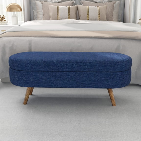 Oval Storage Bench with Rubber Wood Legs, Foam Upholstered Entryway Settee with Solid Wood Legs for Bed Side for Bed Side, Entryway, Living Room (Blue & Foam)