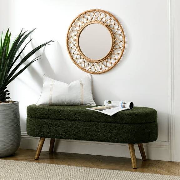 Oval Storage Bench with Rubber Wood Legs, Green Upholstered Seat, 250 lbs Capacity for Living Room Entryway Bedroom