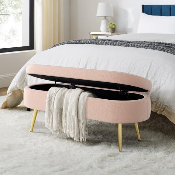 Oval Storage Ottoman Bench 43.5 Inch, Flannel Upholstered Storage Bench with Gold Metal Legs, Entryway Bench Storage Chest for Bedroom Living Room, Pink