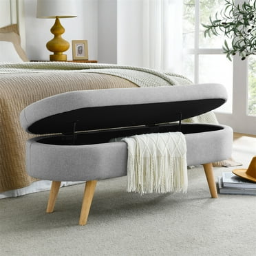 Oval Storage Ottoman Bench, 43.5 Inches Linen Fabric Upholstered Entryway Bench with Safety Hinge and Solid Wood Legs, Flip Top Ottoman Stool Footrest for Living Room/Bedroom/End of Bed, Grey