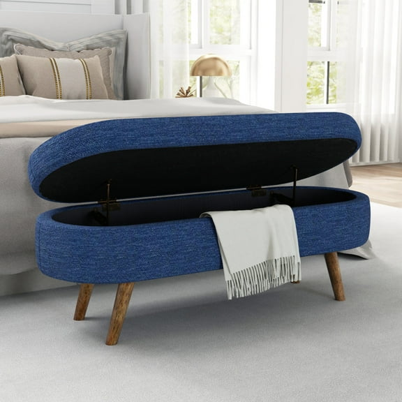 Oval Storage Ottoman Bench, 43.5" Linen Upholstered Storage Bench with Solid Wood Legs, Modern End of Bed Storage Bench Indoor Ottoman Bench with Storage for Living Room, Bedroom, Entryway, Blue