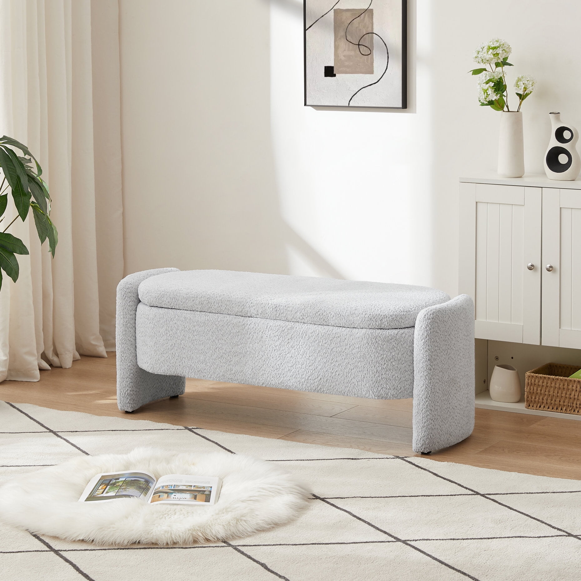 Oval Storage Ottoman Bench End of Bed Bench with Safety Hinge Flip Top Fleece Fabric Upholstered Entryway Bench for Living Room Bedroom Gray