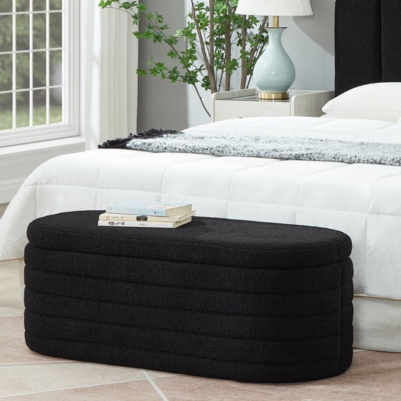 Oval Storage Ottoman Bench | Extra Seating & Hidden Storage for Bedroom, Living Room | Special Boucle Teddy Fabric with Granular Texture | Keeps Living Area Organized