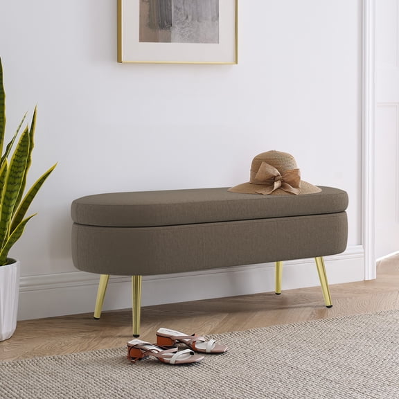 Oval Storage Ottoman Bench, Flannel Upholstered Footstool with Metal Legs, Hidden Storage Compartment, for Living Room, Bedroom, Entryway, Brown