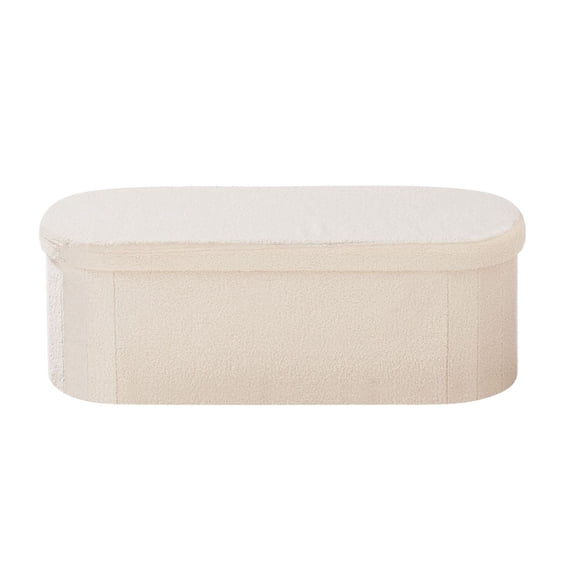 Oval Storage Ottoman Bench, Foldable Teddy Fleece Bench, 660lbs Capacity, Living Room Bedroom Footrest, Beige