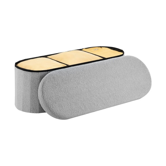 Oval Storage Ottoman Bench, Foldable Teddy Fleece End of Bed Bench, Grey
