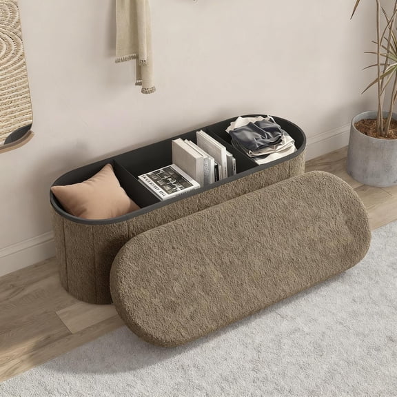Oval Storage Ottoman Bench Sherpa Foot Rest 43 Inch Folding Chest for Living Room Bedroom Brown