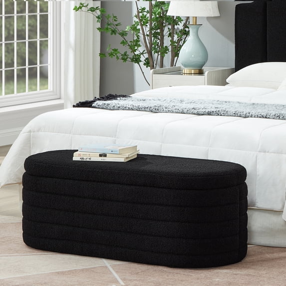 Oval Storage Ottoman Bench, Upholstered Boucle Teddy Fabric End of Bed Bench with Storage, End of Bed Stool with Safety Hinge for Bedroom, Living Room, Entryway
