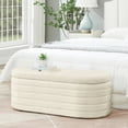 thumbnail image 1 of Oval Storage Ottoman Bench, Upholstered Boucle Teddy Fabric End of Bed Bench with Storage, End of Bed Stool with Safety Hinge for Bedroom, Living Room, Entryway, 1 of 8