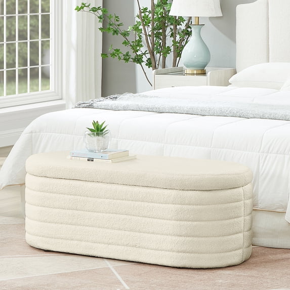 Oval Storage Ottoman Bench, Upholstered Boucle Teddy Fabric End of Bed Bench with Storage, End of Bed Stool with Safety Hinge for Bedroom, Living Room, Entryway