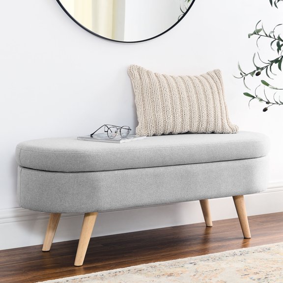 Oval Storage Ottoman Bench | Used as Footstool or Seat with Storage Function | Made of Linen, Wood, Foam and Rubber Wood Legs | Solves Space Storage and Seating Needs