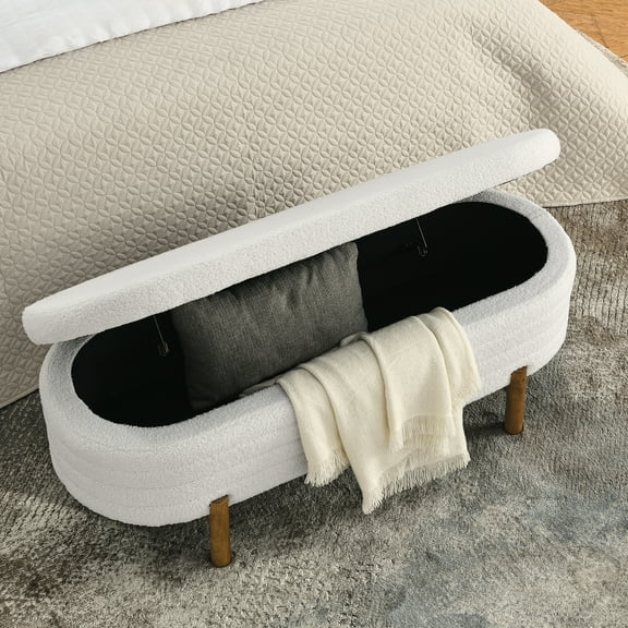 Oval Storage Ottoman Bench with Rubber Wood Legs, Upholstered Footrest, Seat and Hidden Storage for Living Room, Bedroom