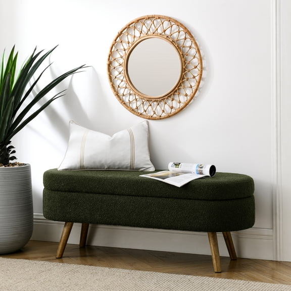 Oval Storage Ottoman Bench with Rubberwood Legs, Upholstered Seat, Hidden Storage, 43.5"x16"x16"
