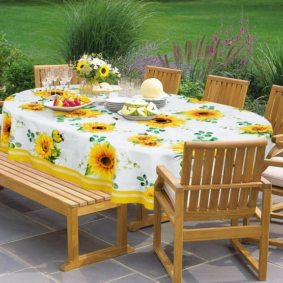 Oval Sunflower Table Cloth 60x84, Summer Floral Tablecloth Waterproof Wrinkle-Free Outdoor Tablecloth, Stain Resistant Tablecloth Dining Table Cover for Party Picnic