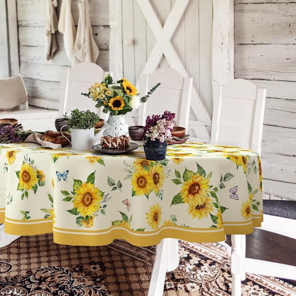 Oval Sunflower Tablecloth, Rustic Spring Summer Floral Table Cloth, Farmhouse Waterproof Durable Polyester Wrinkle-Free Table Cover for Indoor Outdoor, Holiday Kitchen Dining and Parties
