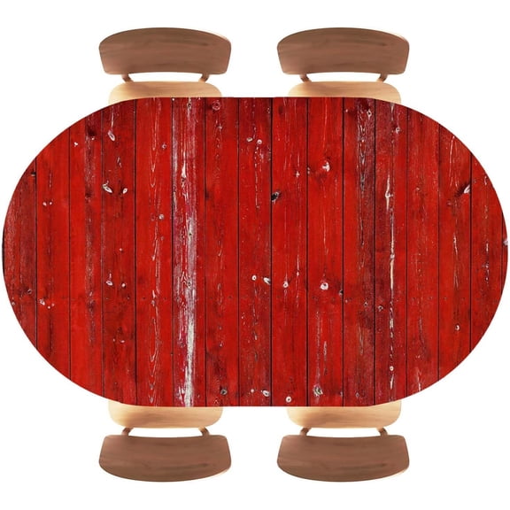 Oval Table Cloth Cover Wood Grain Fitted Tablecloth with Elastic Edge Red Tablecloths Washable Cloths for Restaurant Farmhouse Party Decor, Fit for 48 x 68 Inch Tables, Style 4