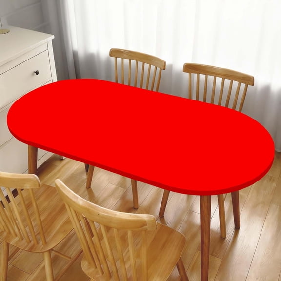 Oval Table Cloth Red Fitted Tablecloth with Elastic Edge Solid Color Polyester Tablecloths for Indoor & Outdoor Tabletop Decor Waterproof Cover, Fit for 48"x68" Oval Tables