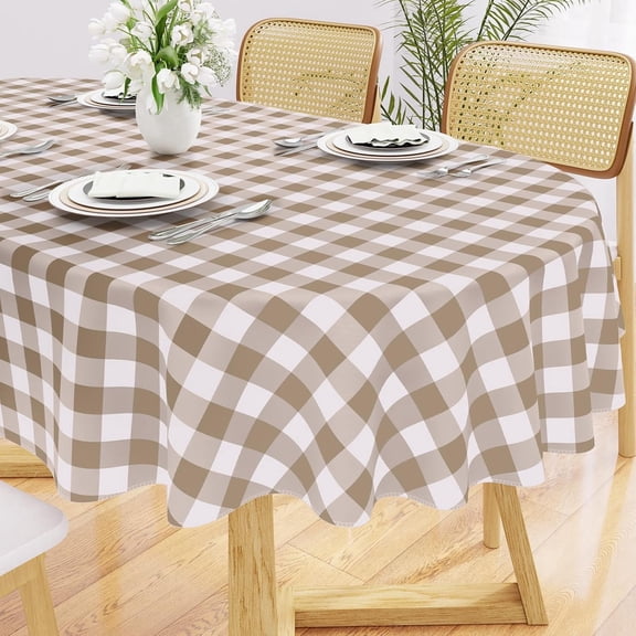 Oval Table Cloth, Waterproof Vinyl Tablecloth with Polyester Backing, Wipeable Buffalo Plaid Table Cover for Dining, Indoor and Outdoor (Khaki & White, 60"x84")