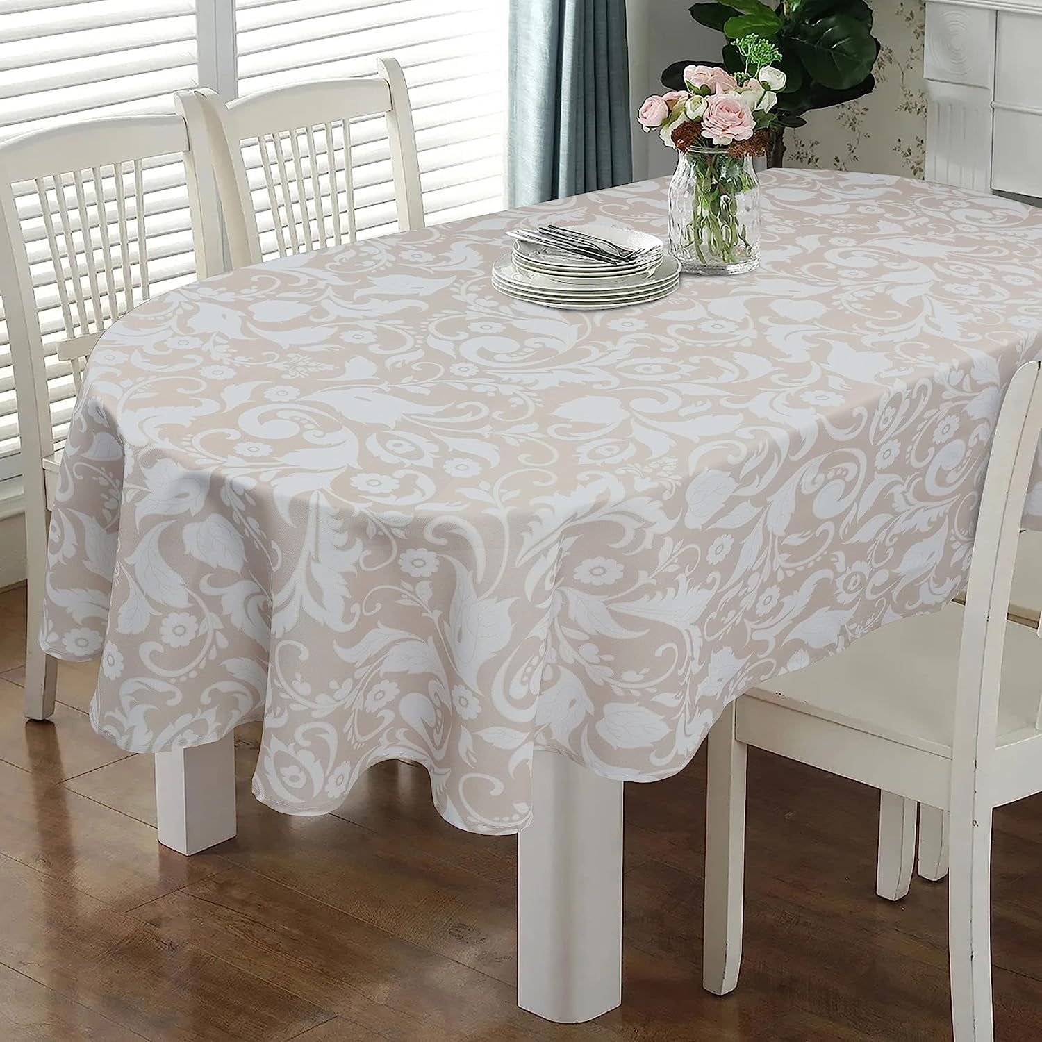 Oval Tablecloth 52 x 70 Inch Beige, Vintage Floral Tablecloth for Oval Table, Fabric Wrinkle ...