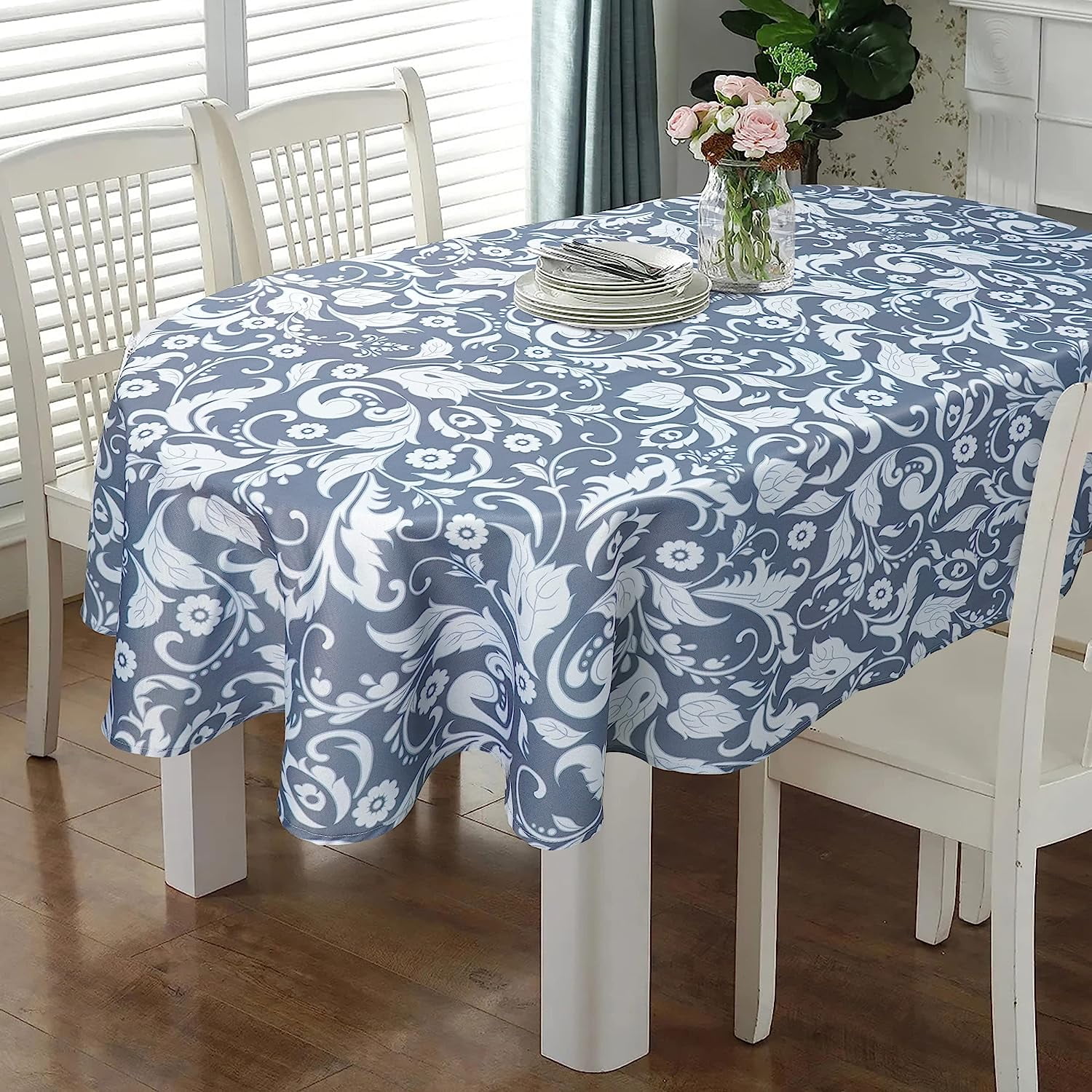 Oval Tablecloth 52 x 70 Inch Blue, Vintage Floral Tablecloth for Oval