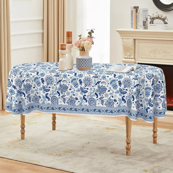 Oval Tablecloth 52x70 Inch, Blue Paisley Floral Oval Table Cloth, Waterproof Wrinkle Free Oval Table Cover for Indoor Outdoor Kitchen Dinning Room