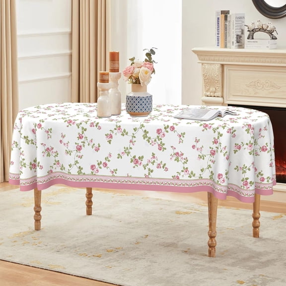 Oval Tablecloth 52x70 Inch, Pink Floral Flower Oval Table Cloth, Washable Wrinkle Free Oval Table Cover for Kitchen Dinning Party