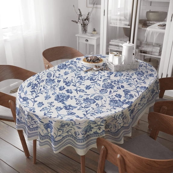 Oval Tablecloth - 54 x 72 Inch Blue Floral Rustic Tablecloth Classic French Country Printed Table Cover for Farmhouse Decoration, Suitable for Home, Kitchen, Indoor and Outdoor Dining Table